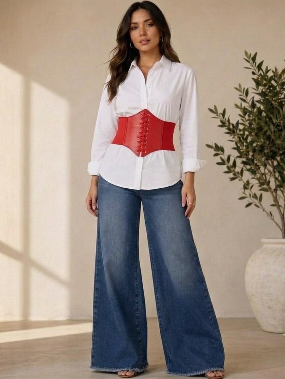 Court Style Wide Girdle Red Fashion Elastic Faux Leather Skinny Elastic Waist Co